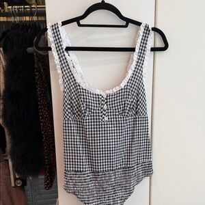Free People Black and White Checkered Lace Trim Top